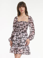 Mesh Long Sleeve Square Neck Tiered Short Floral Dress