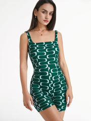 Groovy Square Neck Emerald Green Tank Short Unitard Bodysuit