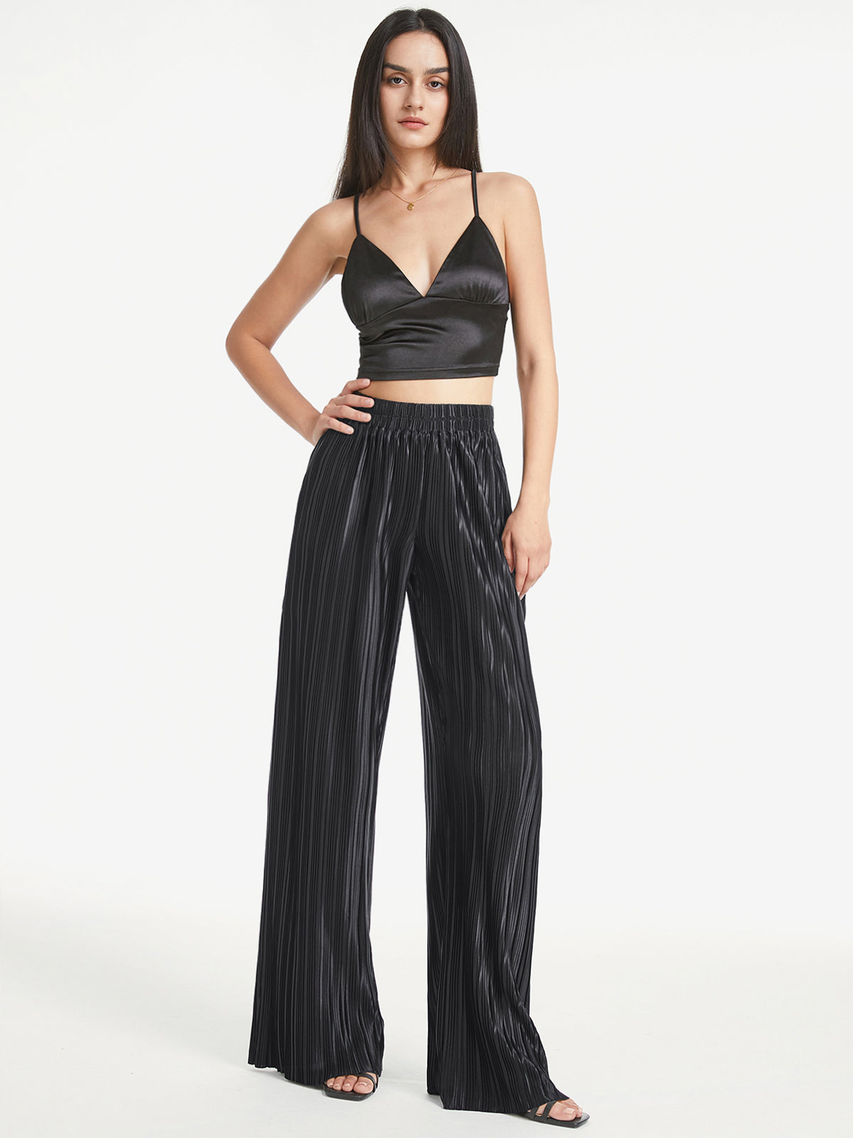 High Waisted Shimmer Pleated Palazzo Pants