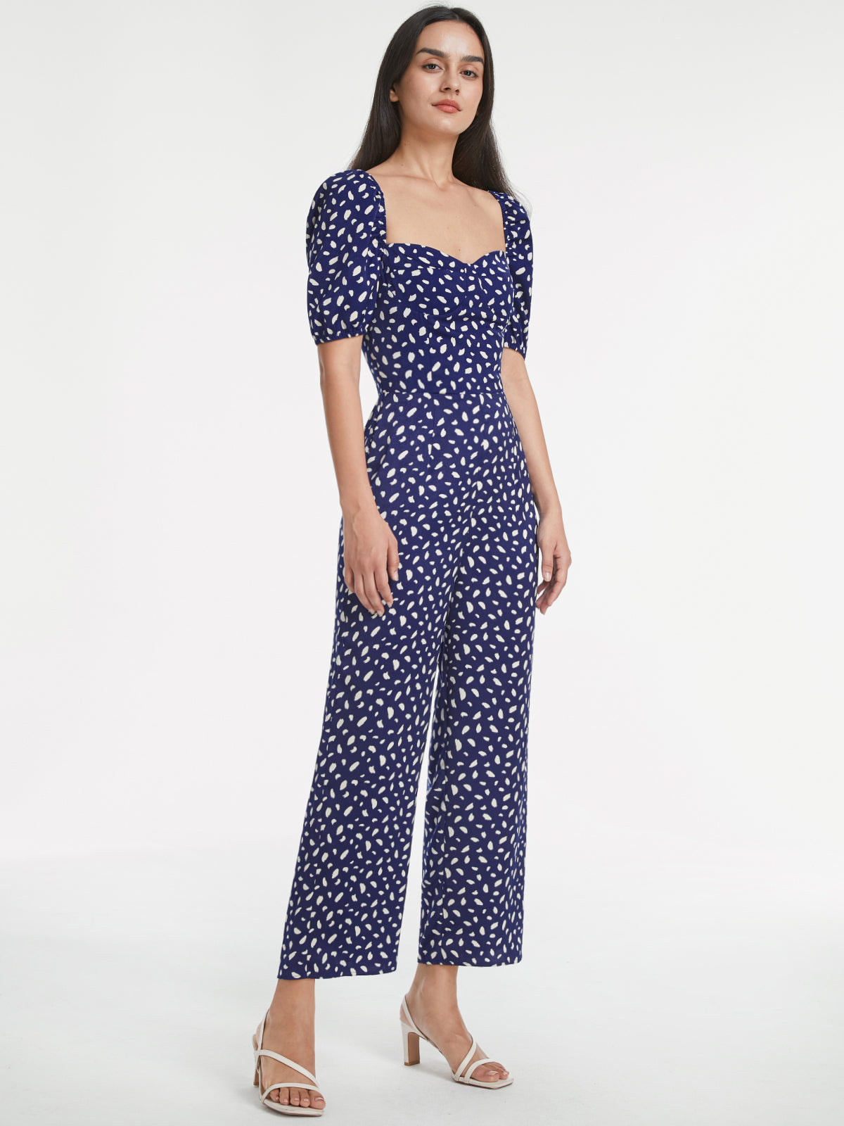 Petals Print Puff Sleeve Open Back Jumpsuit