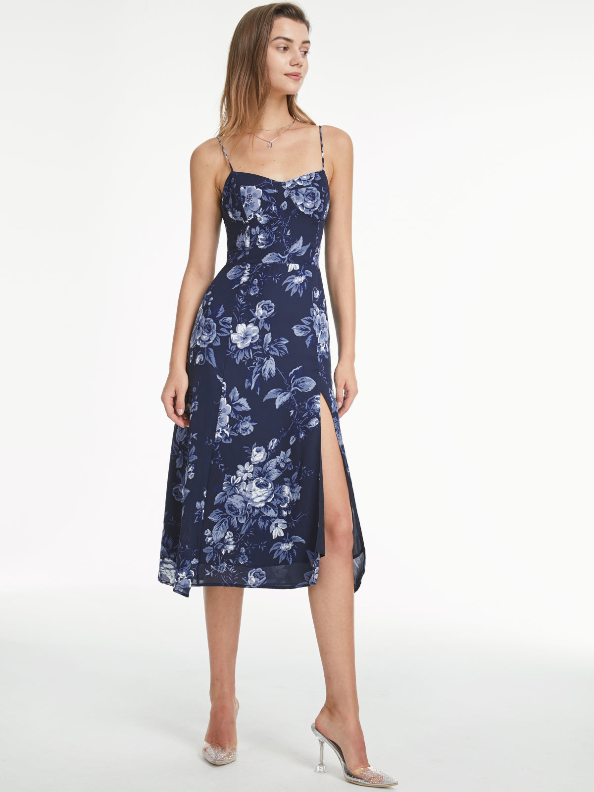 Sweetheart Aqua Floral Bloom Contour Strap Slit Dress