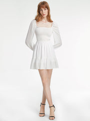 Long Sleeve Square Neck Ruche Bodice Mini Ruffle Dress