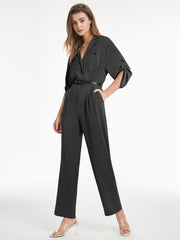 V Neck Button Front Short Sleeve Flare Leg Jumpsuit