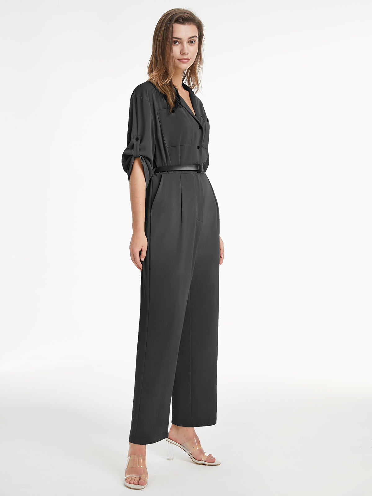 V Neck Button Front Short Sleeve Flare Leg Jumpsuit