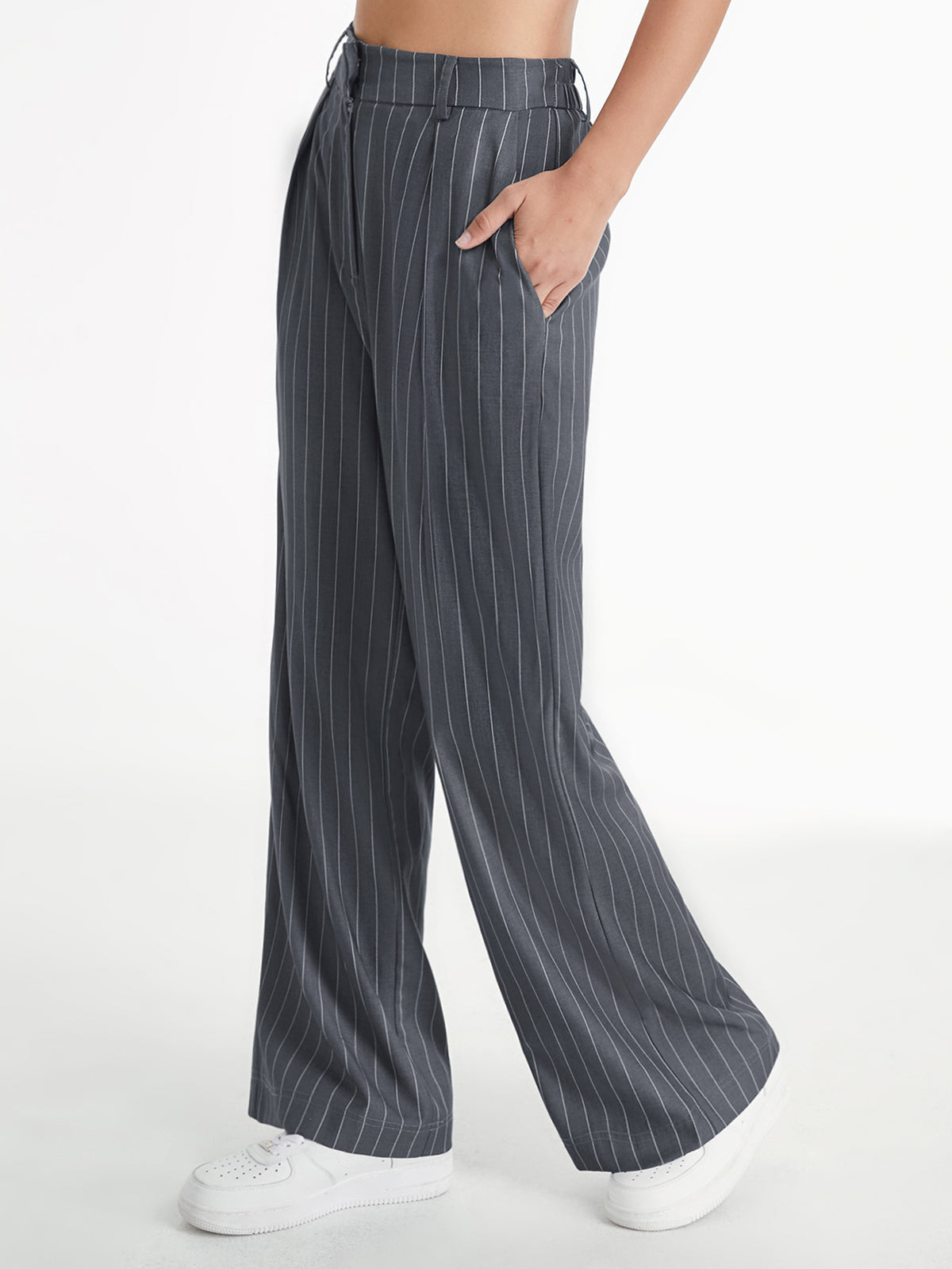 High Waisted 90s Pinstripe Pleat Front Wide Leg Trousers