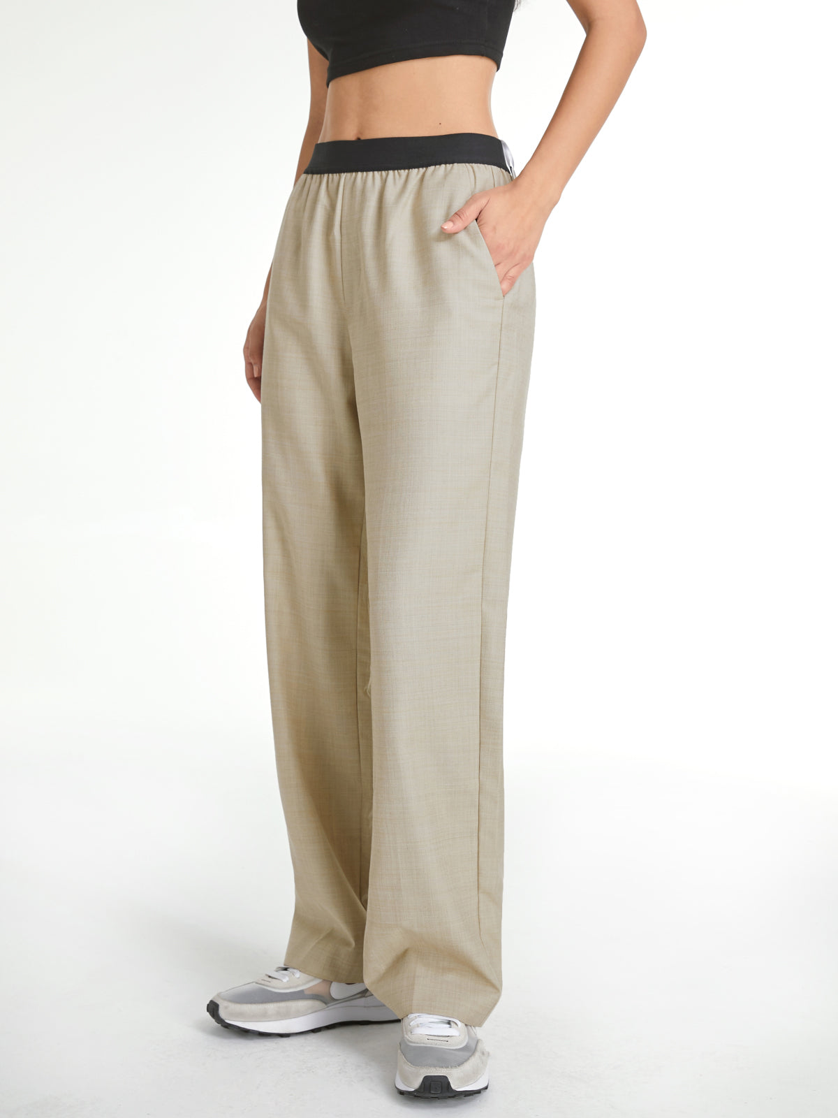 High Waisted Relaxed Fit Straight Leg Trousers With Athletic Waistband