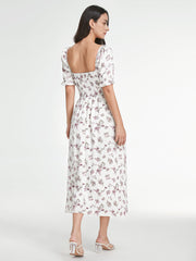 Square Neck Short Puff Sleeve Smocked Floral Midi Slit Dress