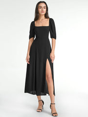 Square Neck Short Puff Sleeve Contour Midi Slit Dress