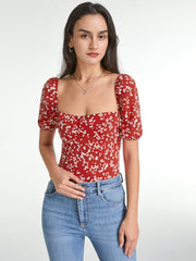 Square Neck Floral Love Short Sleeve Top