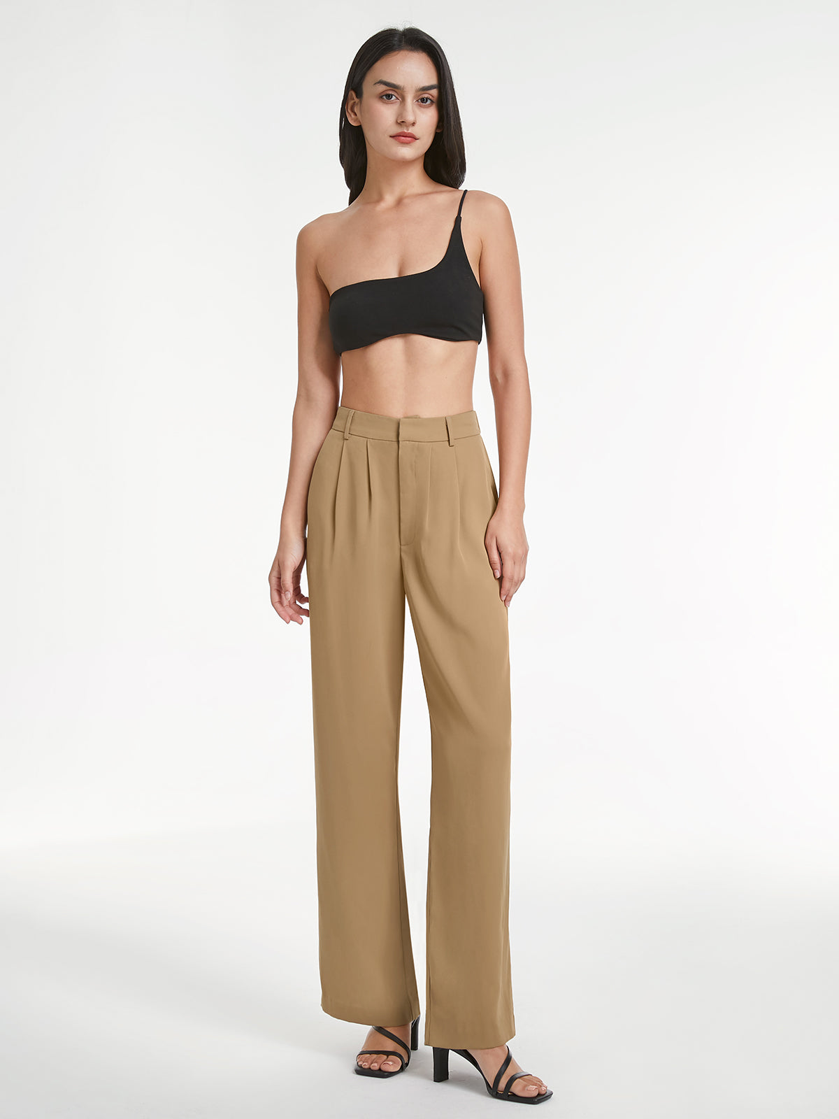 High Waisted Front Pleat Wide Leg Trousers