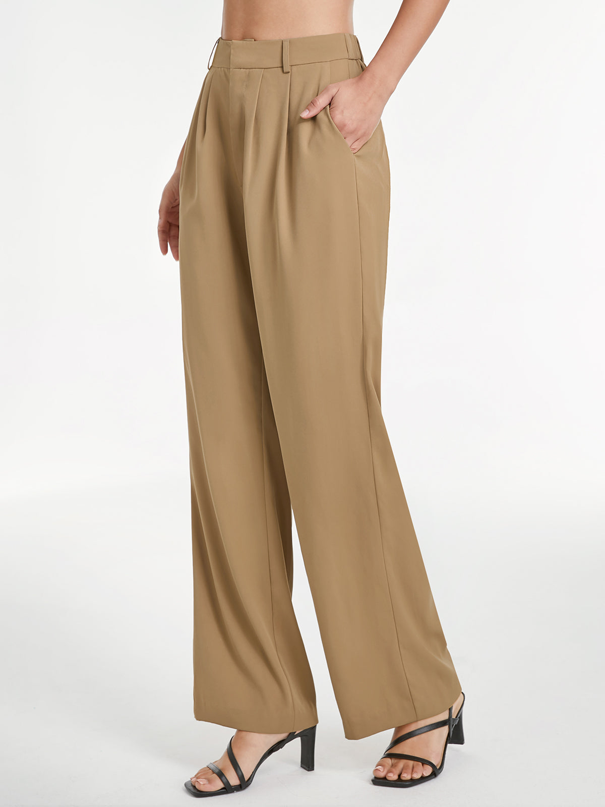 High Waisted Front Pleat Wide Leg Trousers