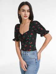 Sweetheart Puff Sleeve Cherry Contour Top