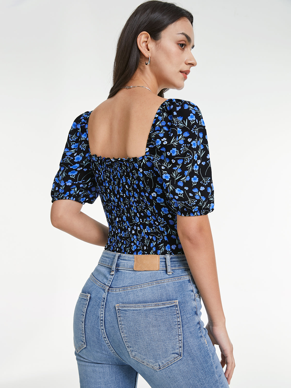 Square Neck Indigo Floral Short Puff Sleeve Top