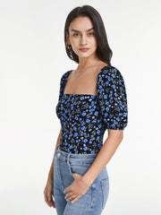 Square Neck Indigo Floral Short Puff Sleeve Top