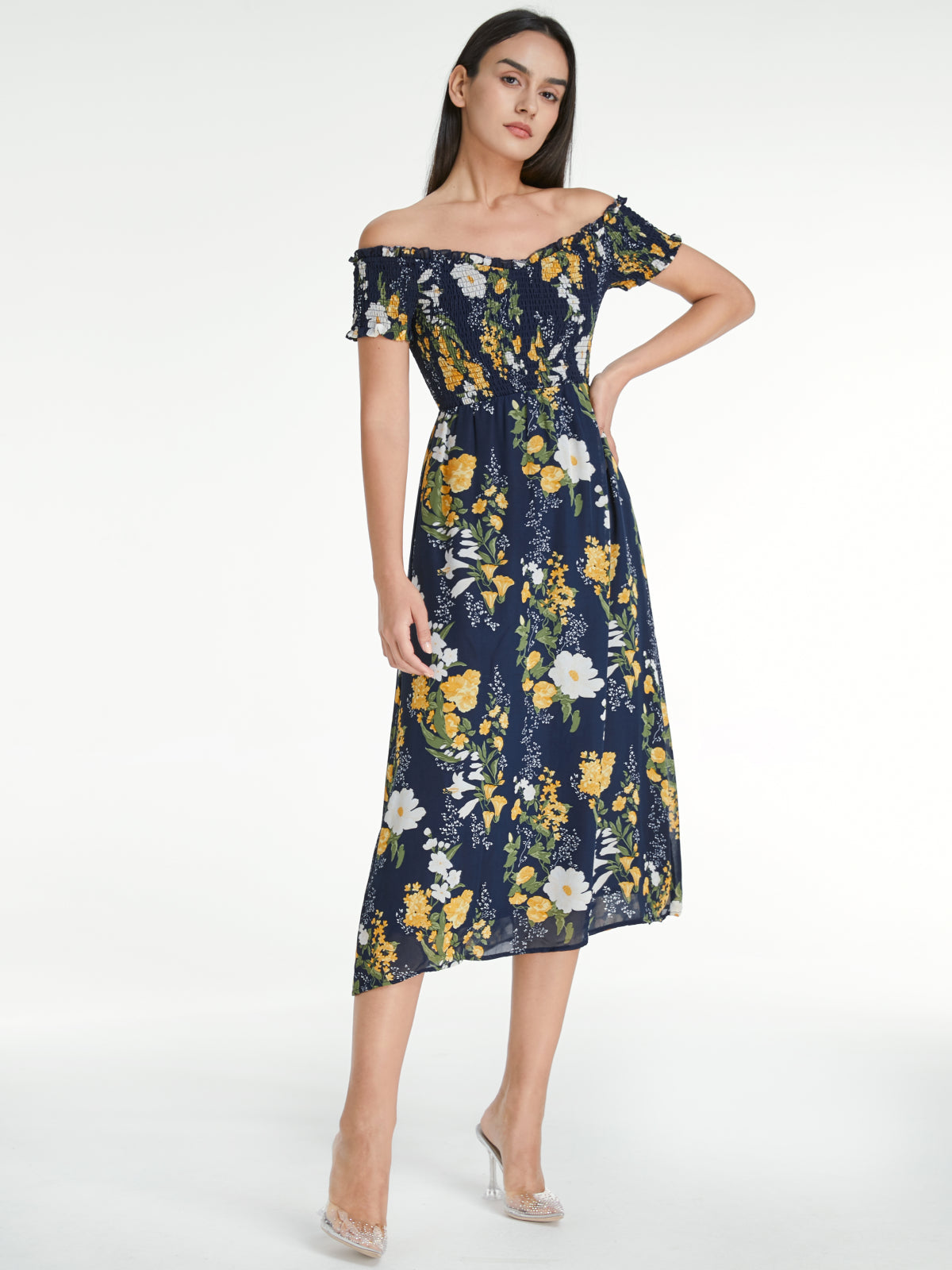 Off Shoulder Island Floral Ruffle Hem Mesh Midi Dress