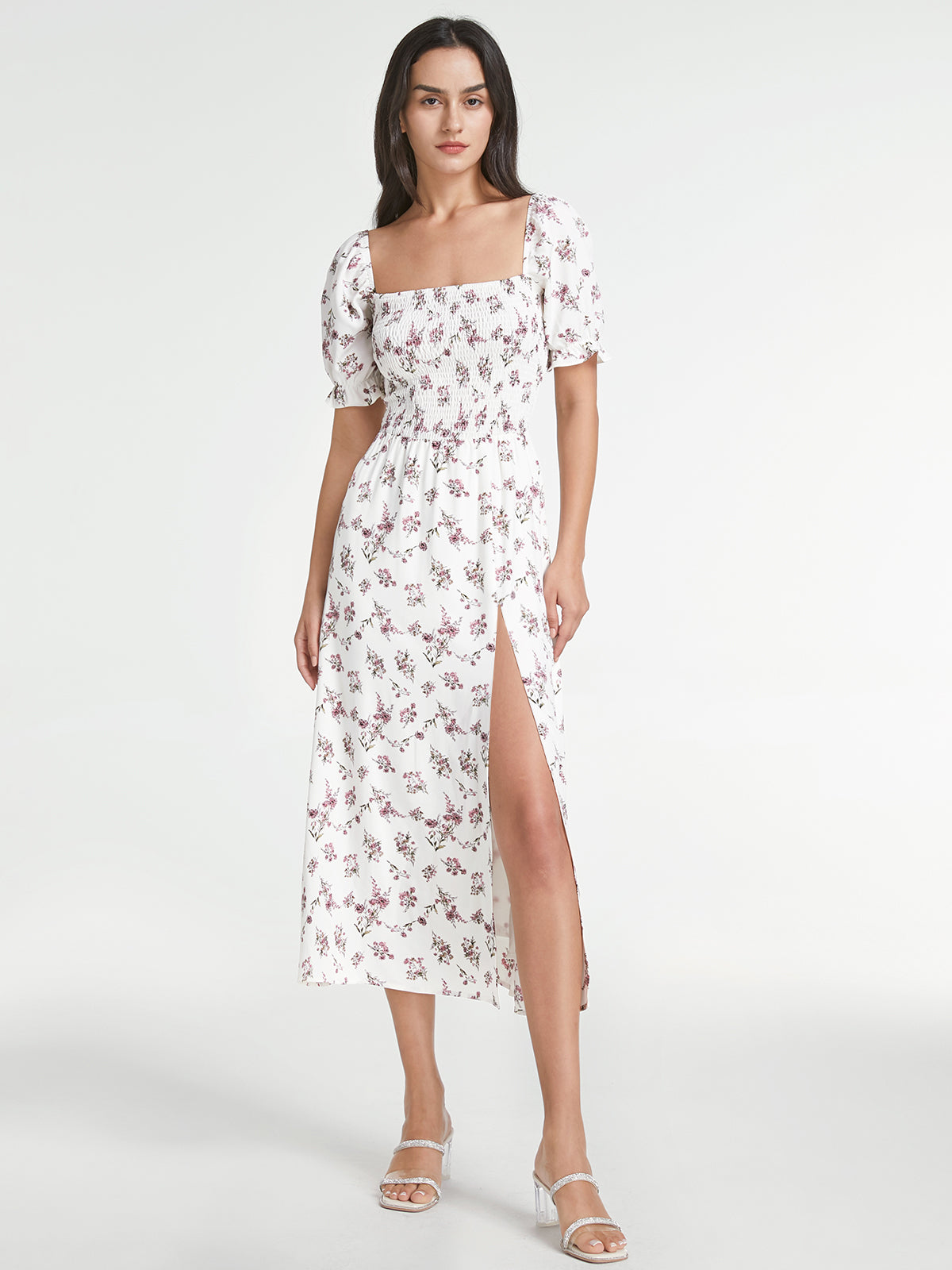 Square Neck Short Puff Sleeve Smocked Floral Midi Slit Dress