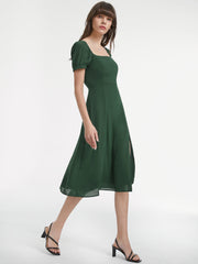 Gathered Dreams Emerald Green Slit Midi Dress