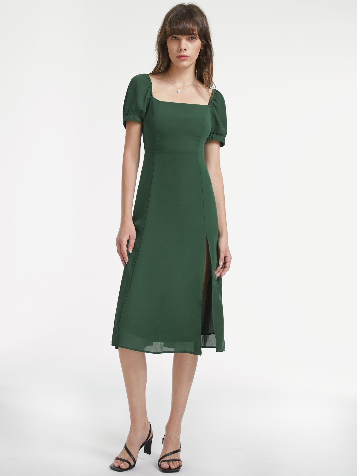 Gathered Dreams Emerald Green Slit Midi Dress