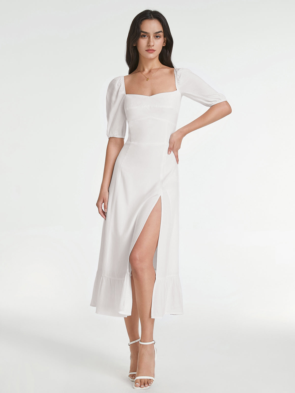 Square Neck Short Puff Sleeve Contour Slit Dress