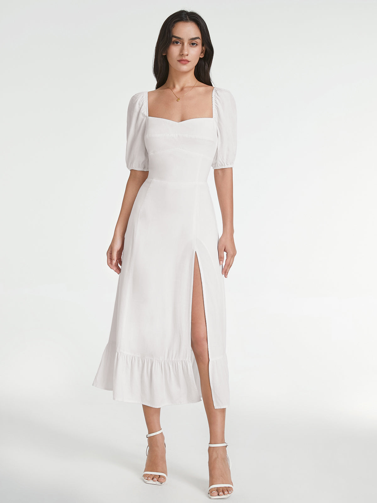 Square Neck Short Puff Sleeve Contour Slit Dress