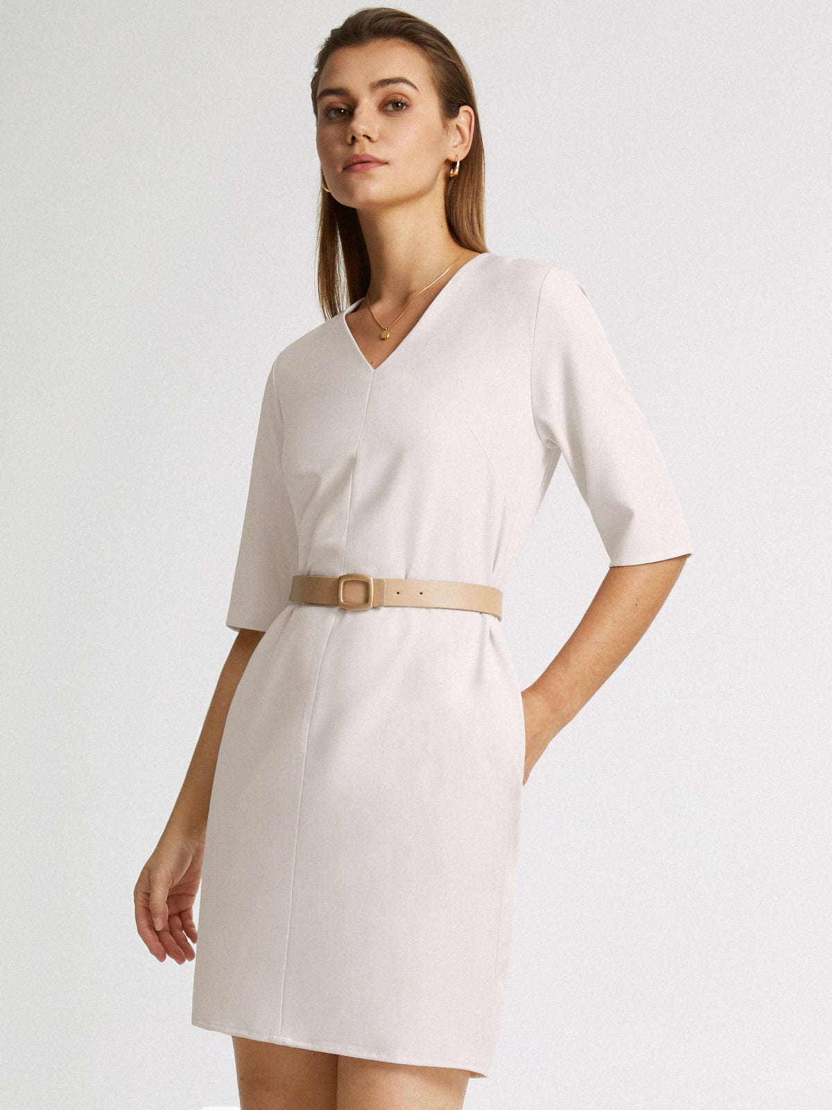 V Neck Belted Short Sleeve Sheath Dress Without Belt