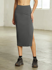 Mid Rise Ribbed Stretch Midi Slit Skirt