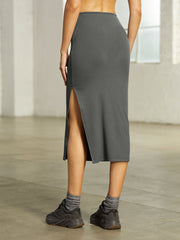 Mid Rise Ribbed Stretch Midi Slit Skirt