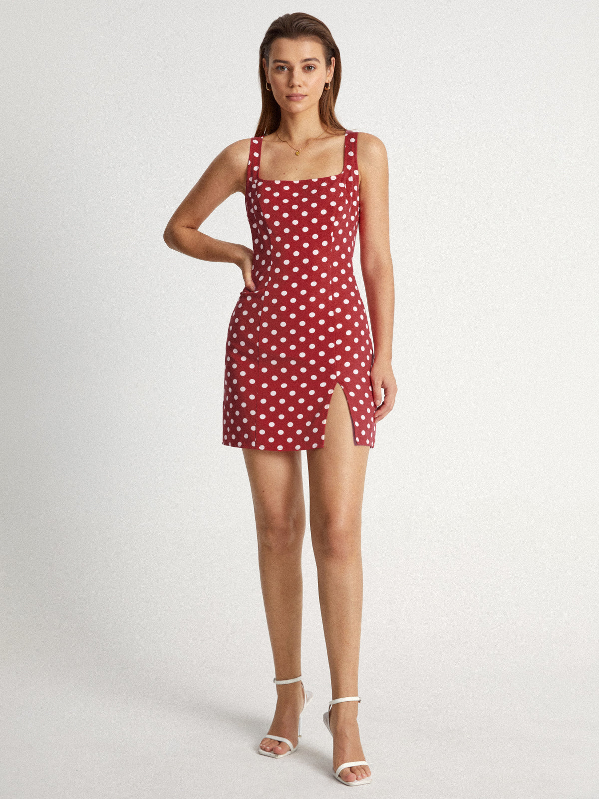 Square Neck Polka Dot Mini Strap Contour Dress