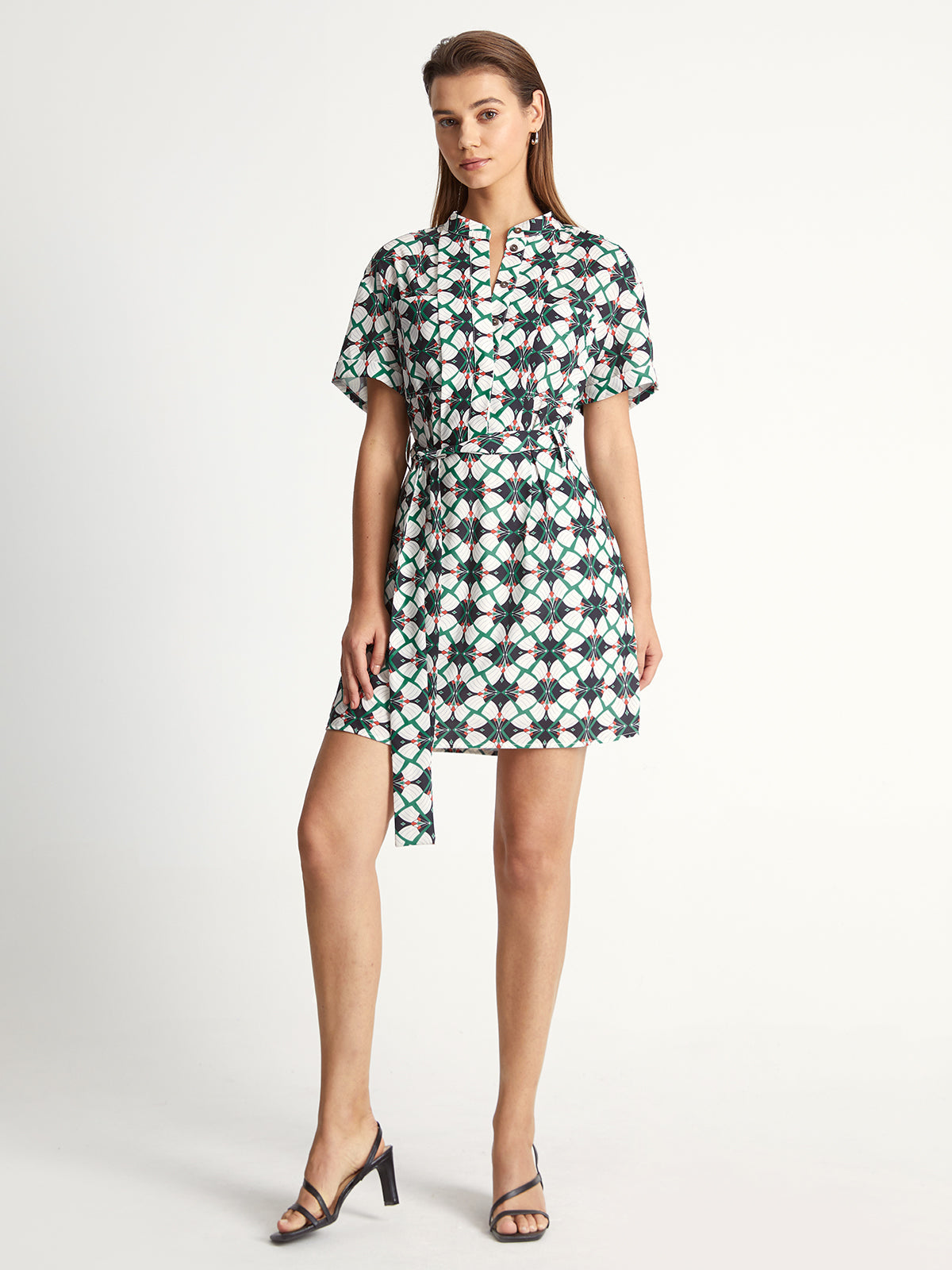 Kaleidoscope Button Up Short Sleeve Belt Tie Dress