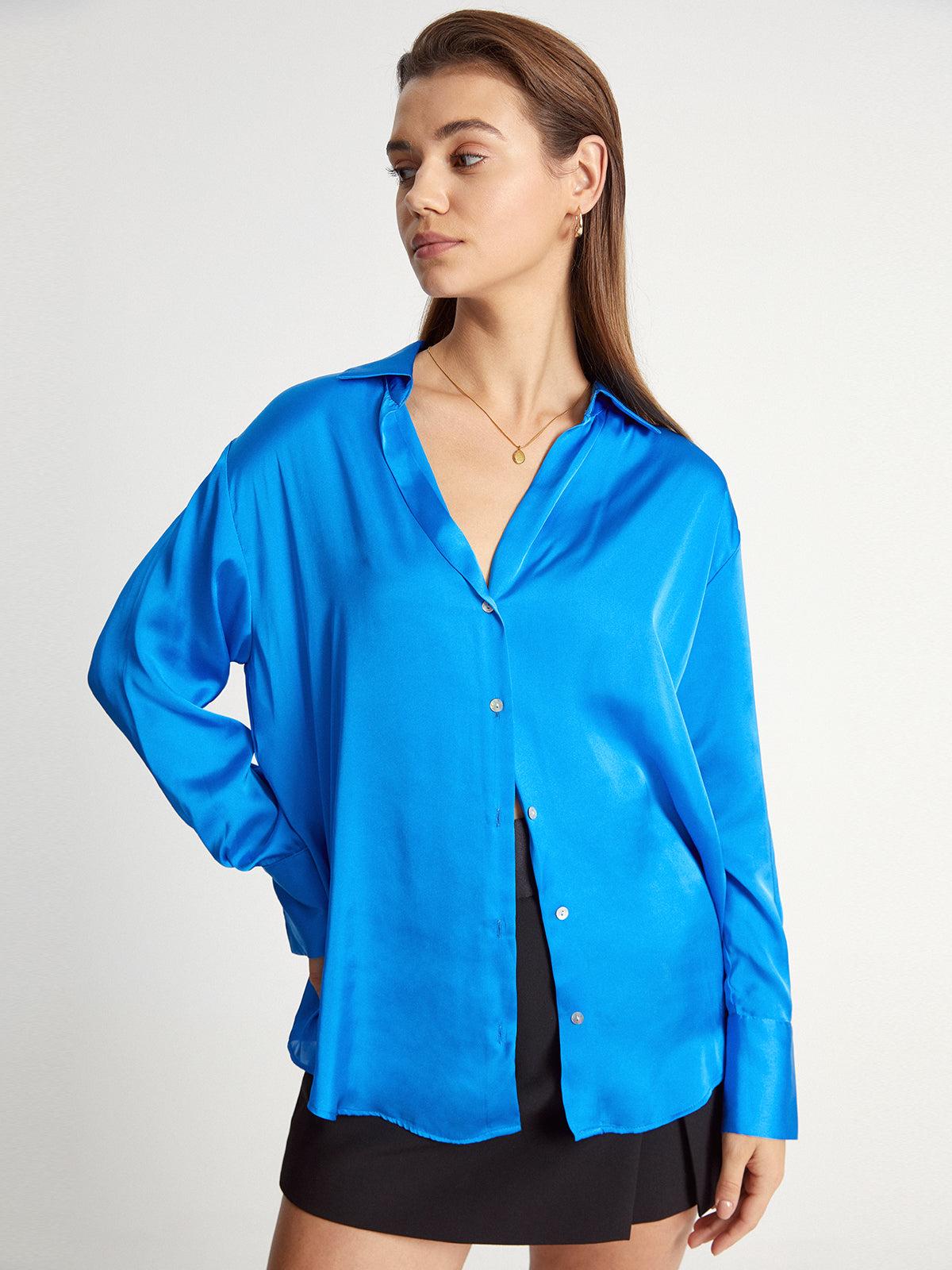 Satin Relaxed Fit Button Up Dress Shirt