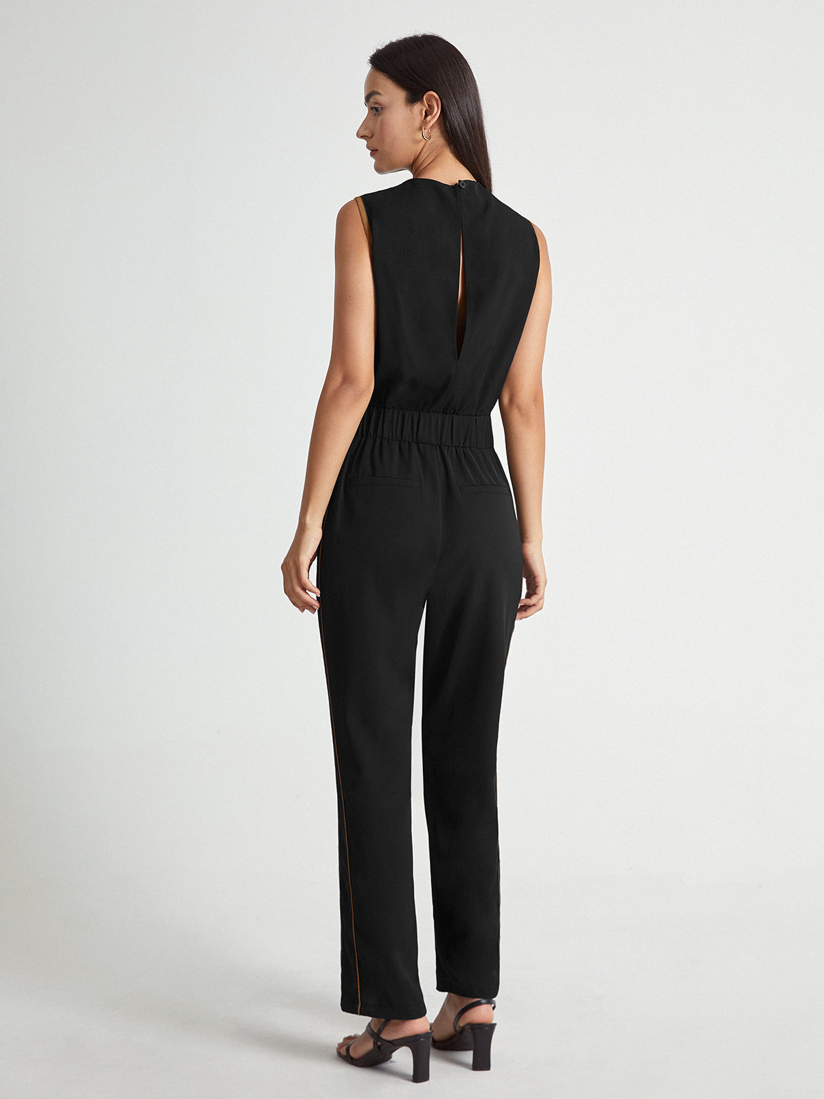 Sleeveless High Square Neck Elastic Waist Tapered Jumpsuit