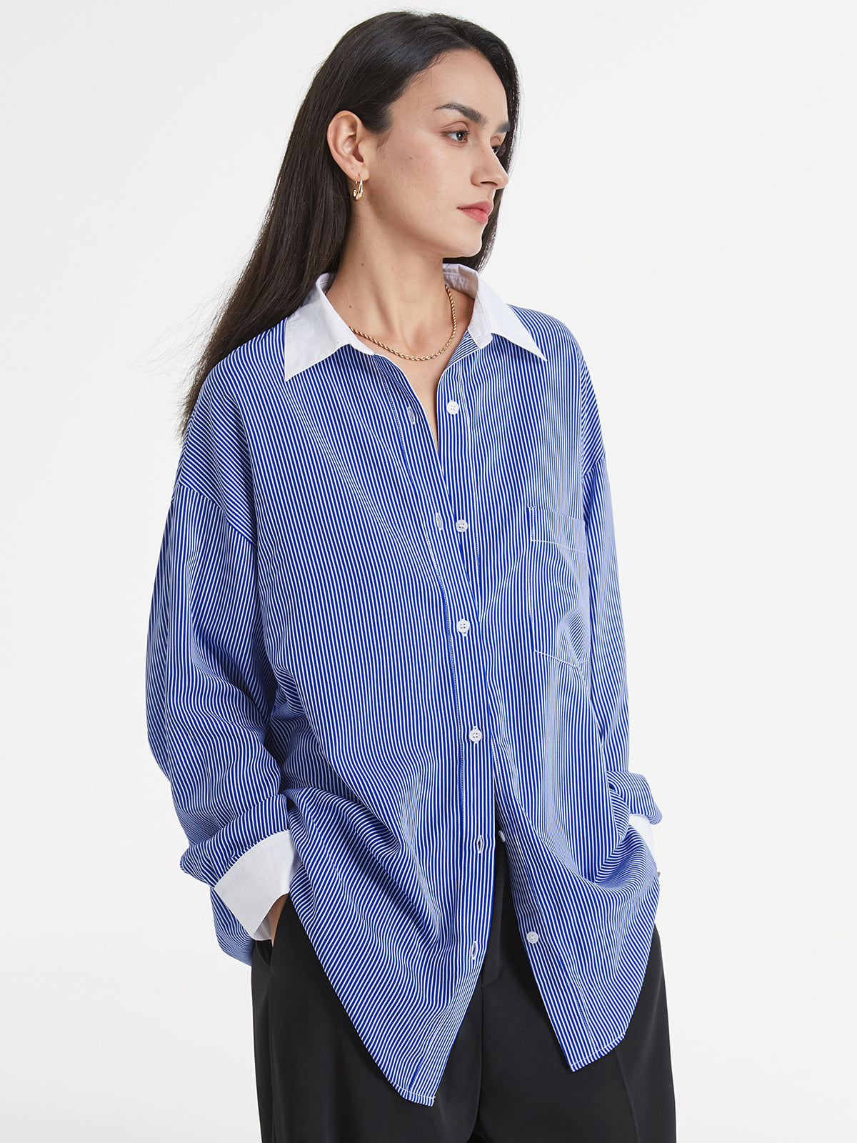 Striped Contrast Collar Cuff Oversized Dress Shirt