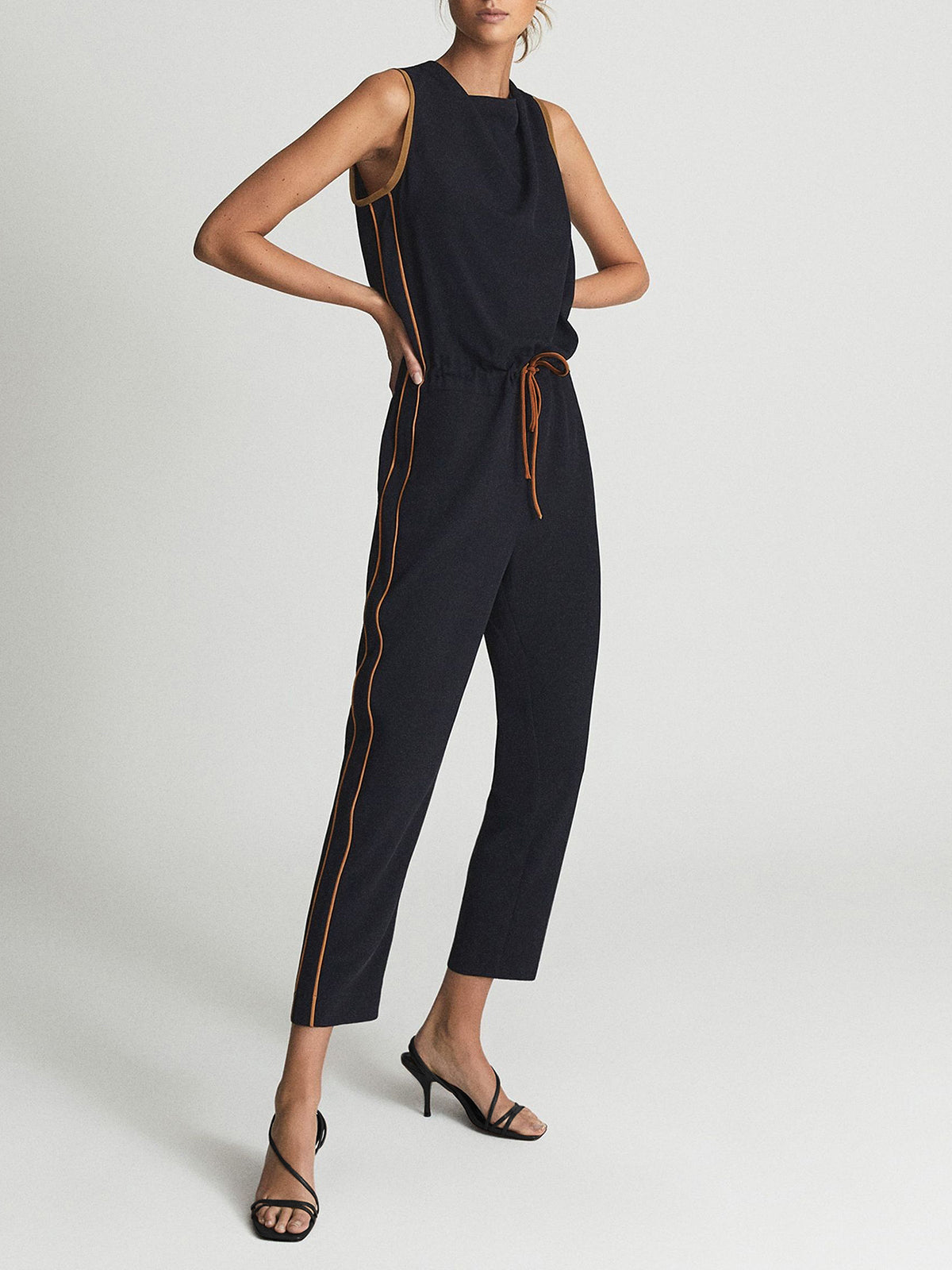 Sleeveless High Square Neck Elastic Waist Tapered Jumpsuit