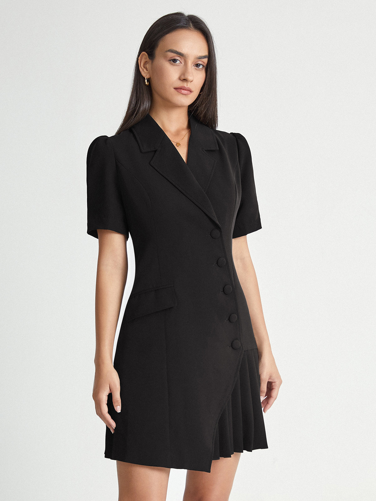 Double Breasted Multi Button Short Puff Sleeve Pleated Blazer Dress