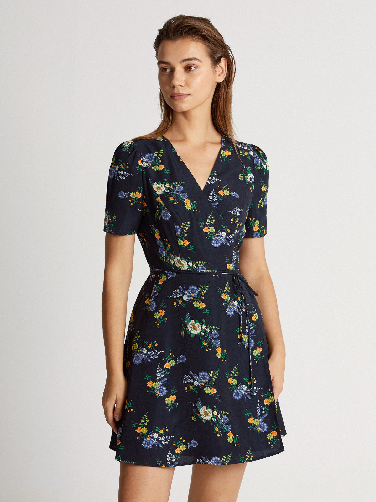 Dark Floral Bloom Short Sleeve V-Neck Mini Wrap Dress