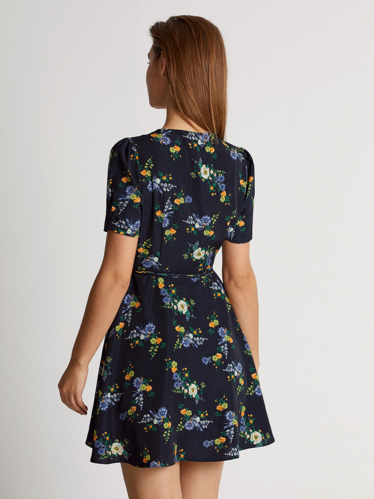 Dark Floral Bloom Short Sleeve V-Neck Mini Wrap Dress