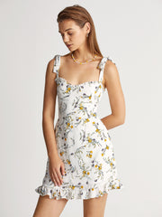 Ruffle Hem Tie Strap Garden Floral Stem Mini Dress