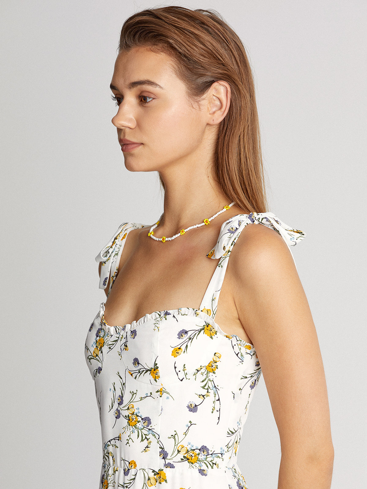 Ruffle Hem Tie Strap Garden Floral Stem Mini Dress