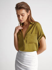 Double Pocket Satin Button Up Short Sleeve Shirt