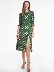 Short Puff Sleeve Straight Neck Polka Dot Slit Dress