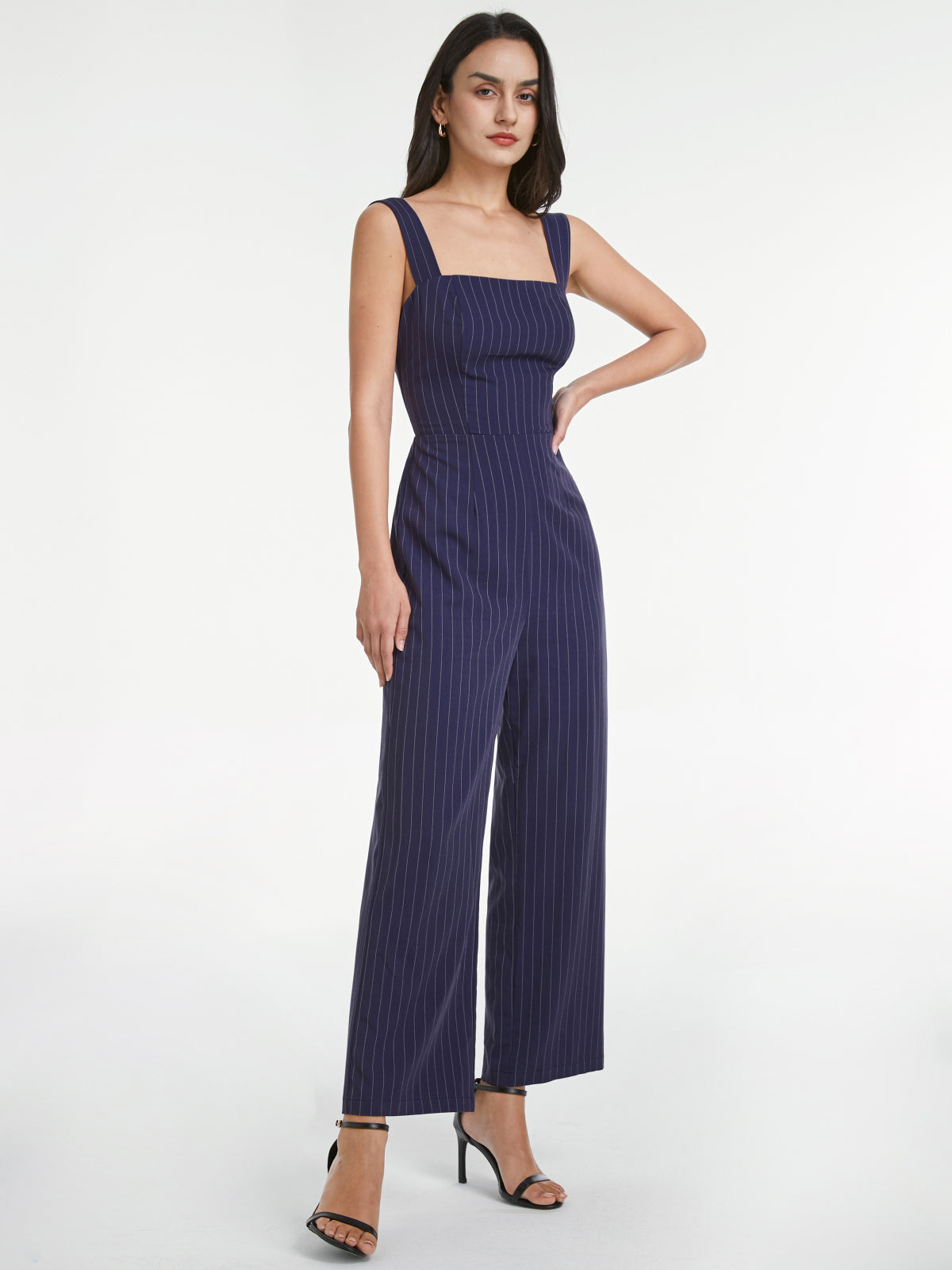 Square Neck Pinstripe Sleeveless Wide Leg Jumpsuit