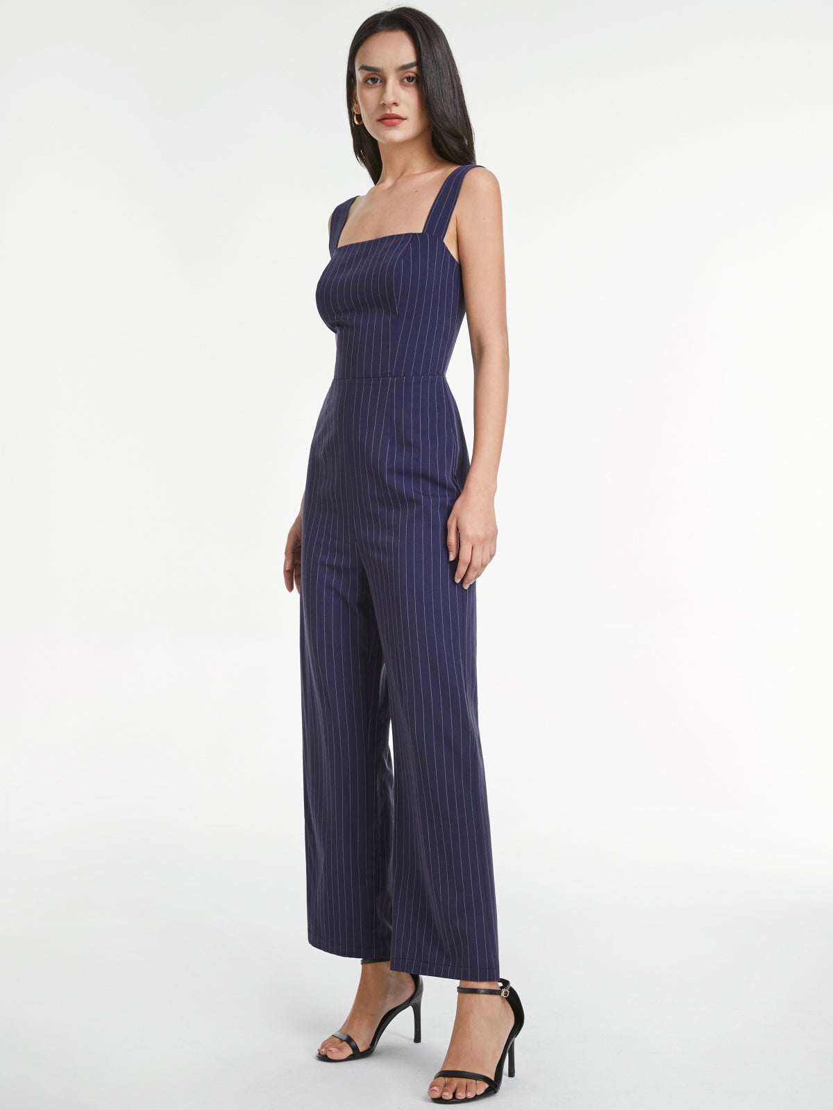 Square Neck Pinstripe Sleeveless Wide Leg Jumpsuit