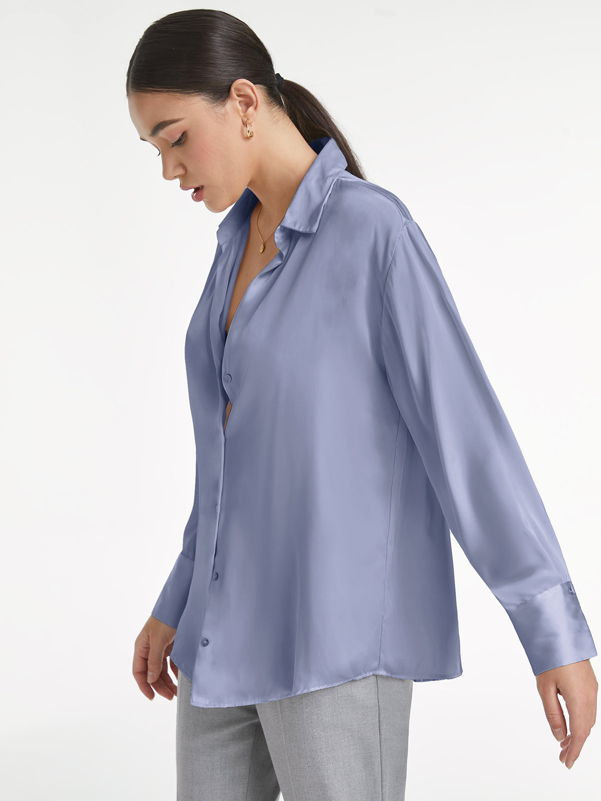 Relaxed Flowy Satin Button Up Shirt