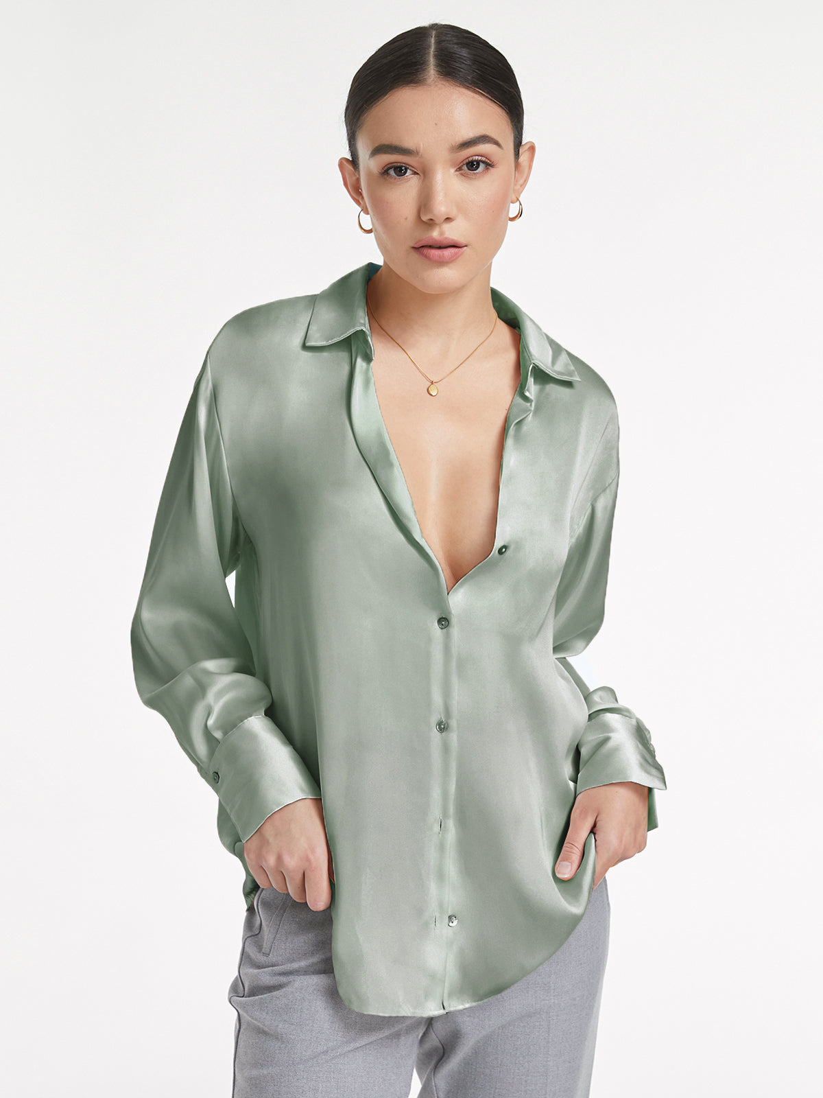 Relaxed Flowy Satin Button Up Shirt