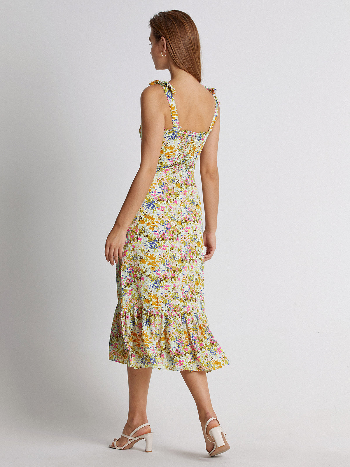 Sweetheart Floral Garden Ruffle Hem Midi Strap Dress