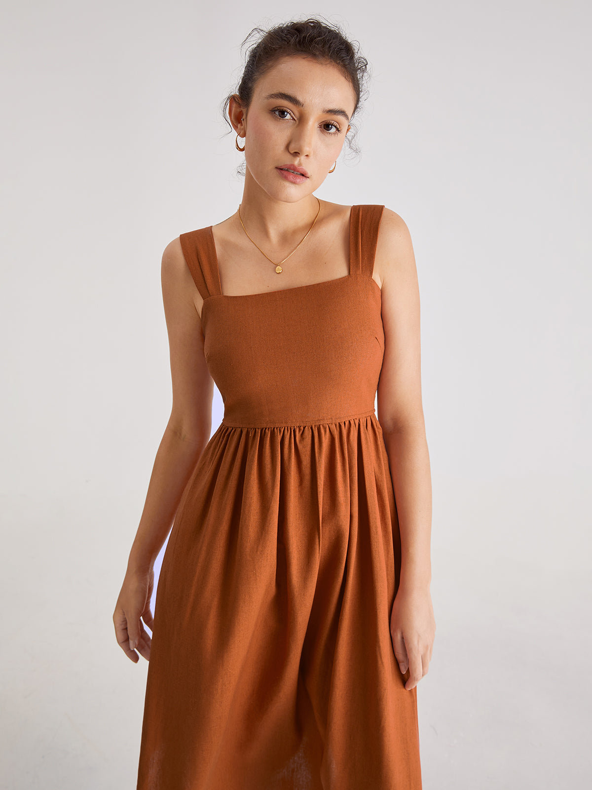 Square Neck A Line Pleat Strap Dress