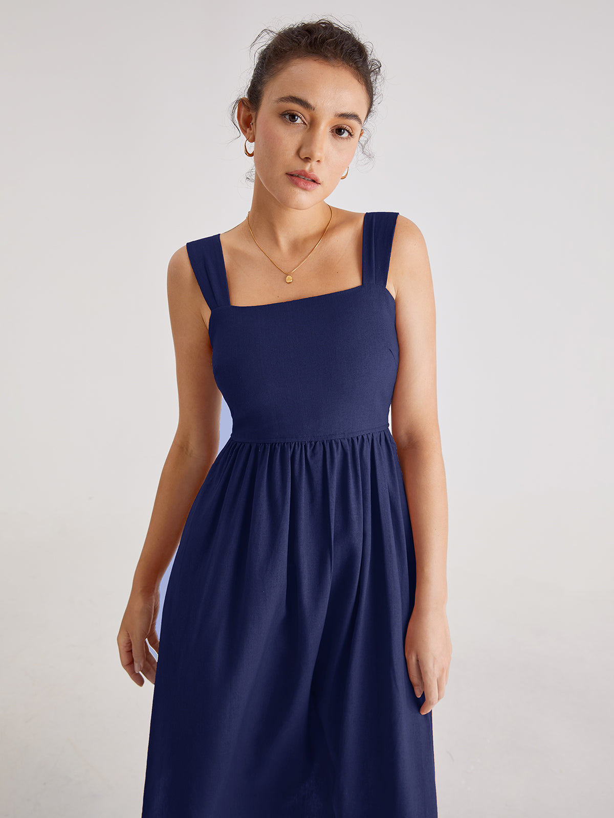 Square Neck A Line Pleat Strap Dress