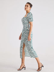 Short Puff Sleeve Spotted Midi Dress