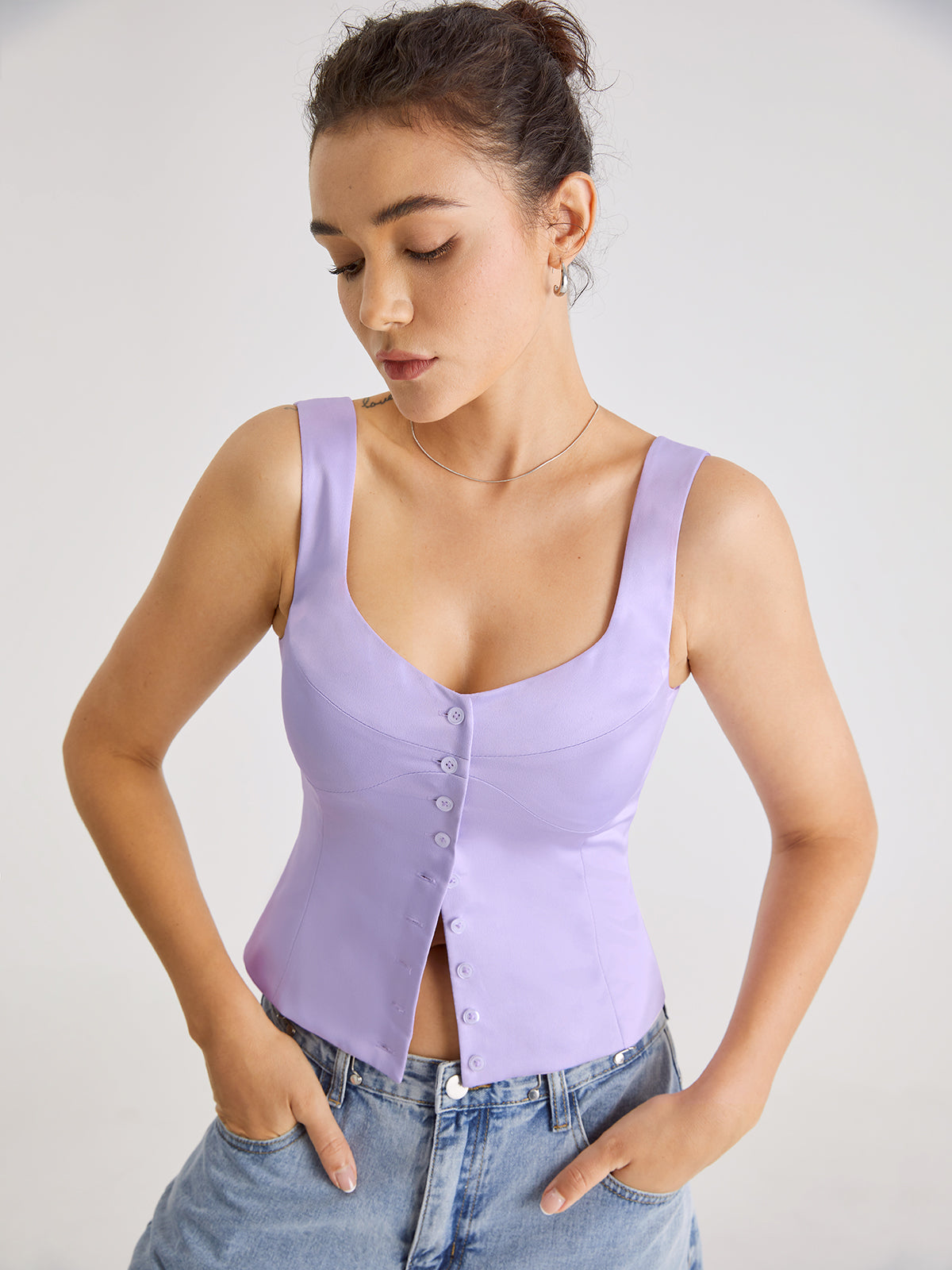 Mauve Button Front Contour Sleeveless Top