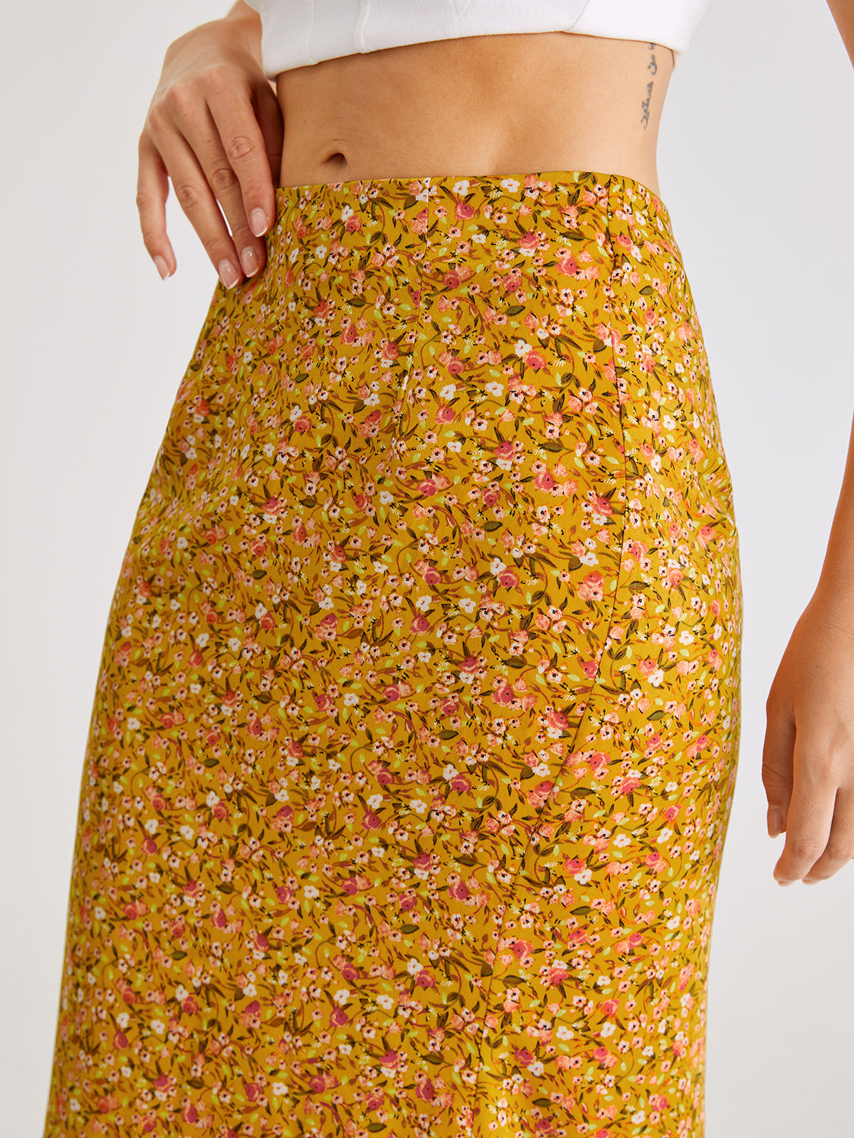 High Waisted Floral Mosaic Midi Skirt